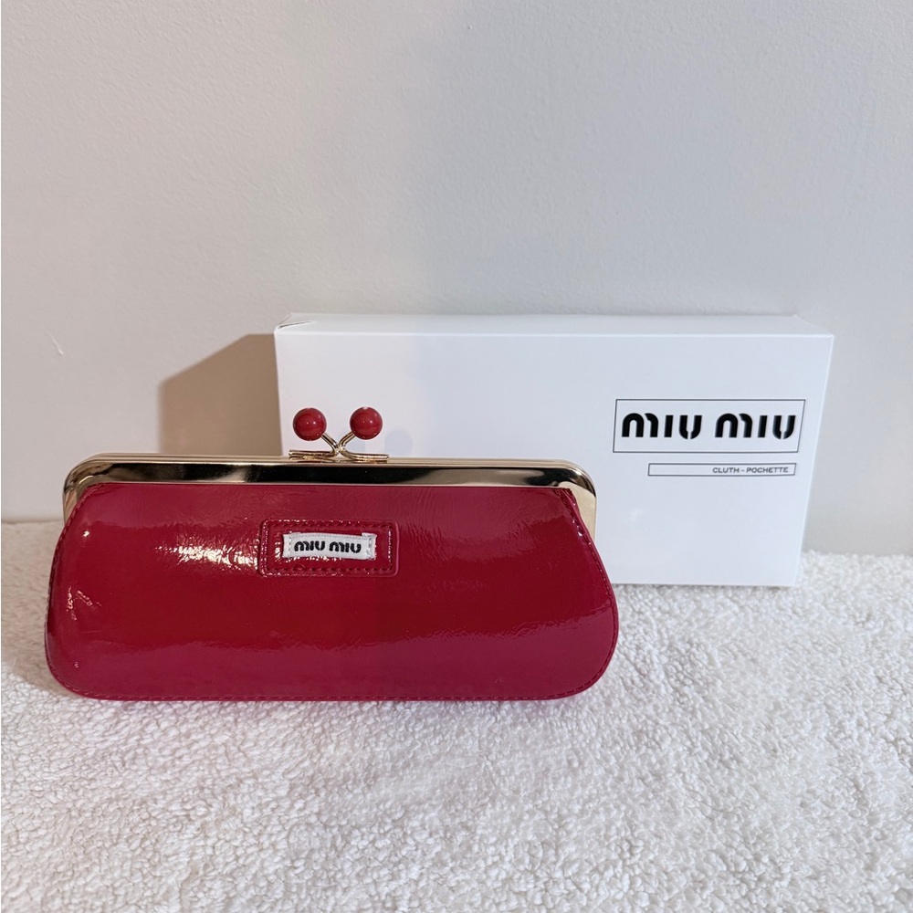 Miu Miu Glossy Red Clutch with Gold Accents NIB